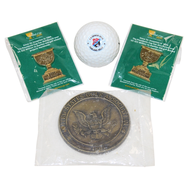 Two (2) The Presidents Cup Trophy Pins with USGA Paperwight & 1991 US Senior Open Golf Ball