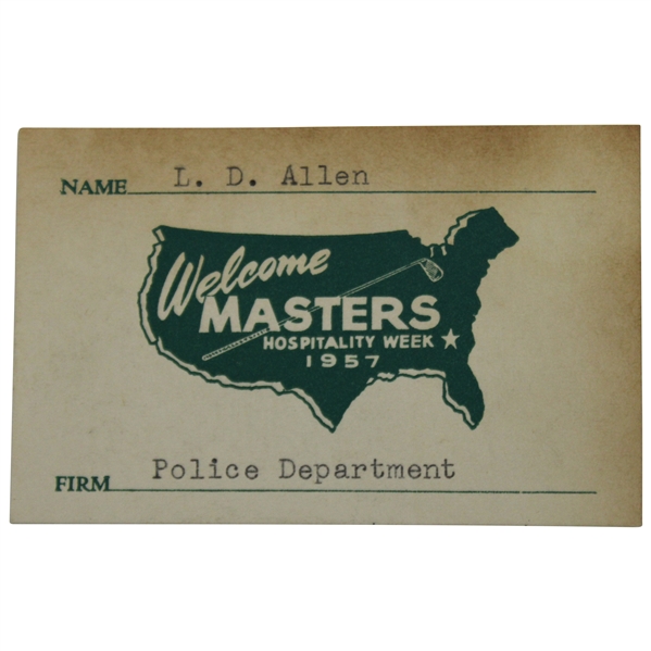 1957 Masters Tournament Hospitality Week Pass - L.D. Allen - Police Department
