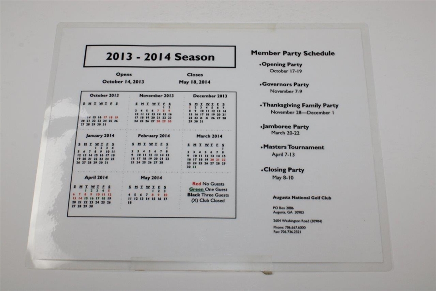 Five (5) Augusta National Golf Club Laminated Club Season Schedules/Calendars 