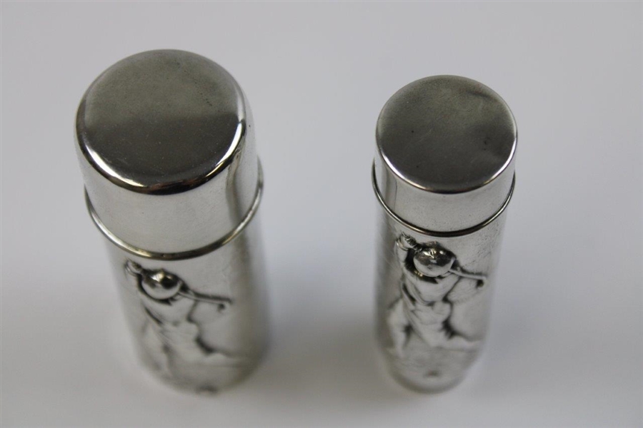 Two Matching Unger Bros. Sterling Silver Golfer Embossed Containers In Leather Carry Case