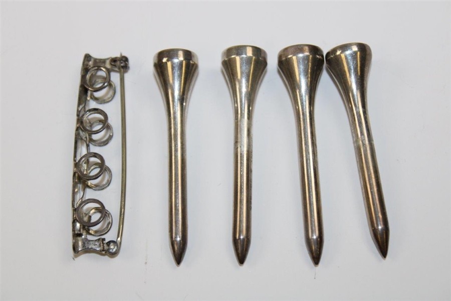 Four Sterling Silver Golf Tees w/Engraved Golf Bag Pin