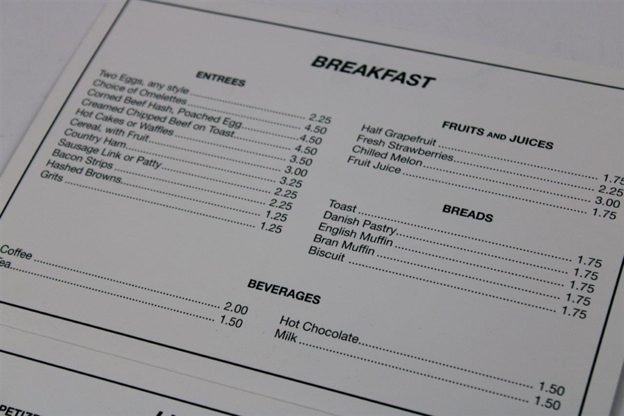 Two (2) Augusta National Golf Club 'Clubhouse' Breakfast & Lunch Menus