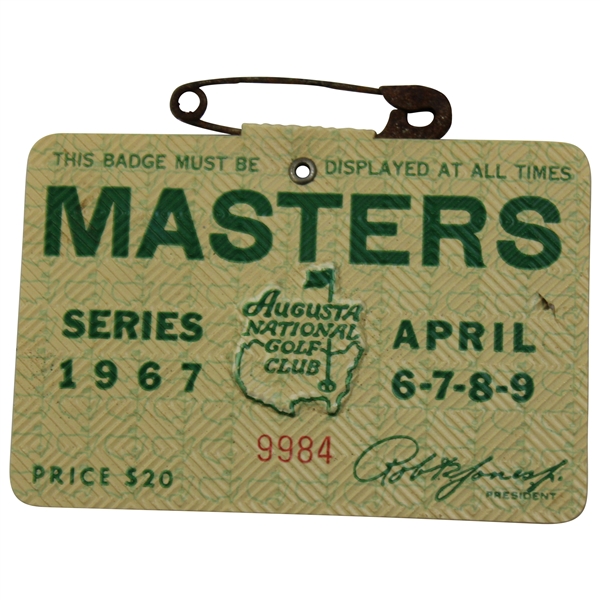 1967 Masters Tournament SERIES Badge #9984 - Gay Brewer Winner