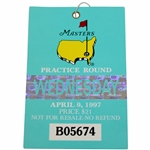 1997 Masters Tournament Wednesday Practice Rd Ticket #B05674 - Tiger Woods 1st Masters Win