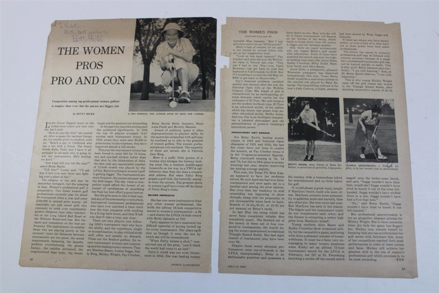 Several pages with early LPGA autographs including Betty Jameson, Marlene Bauer, Betsy Rawls, Patty Berg, Gloria Armstrong, Betty Hicks