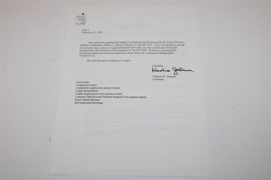 Gene Sarazen Correspondence From Augusta National Regarding 1999 Masters Badges - Sarazen Collection