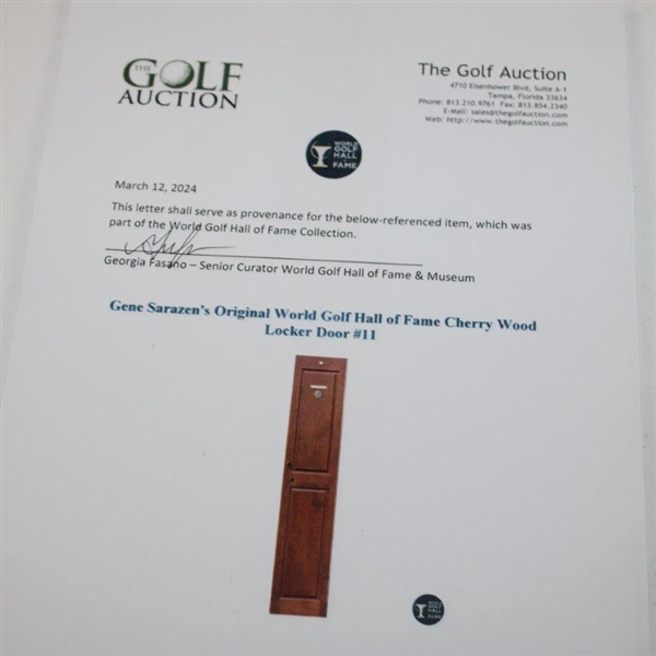 Gene Sarazen's Original World Golf Hall of Fame Cherry Wood Locker Door #11