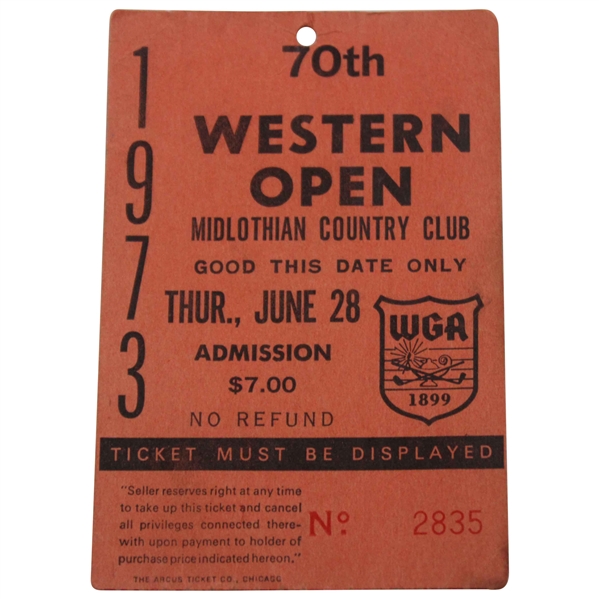 1973 Western Open at Midlothian Country Club ticket #2835 - Billy Casper Winner