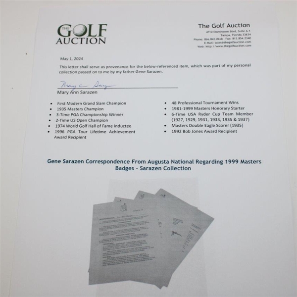 Gene Sarazen Correspondence From Augusta National Regarding 1999 Masters Badges - Sarazen Collection