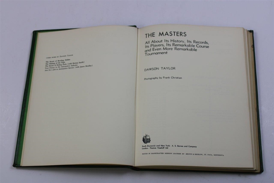 1973 'The Masters: Profile of a Tournament' Book by Dawson Taylor w/Letter