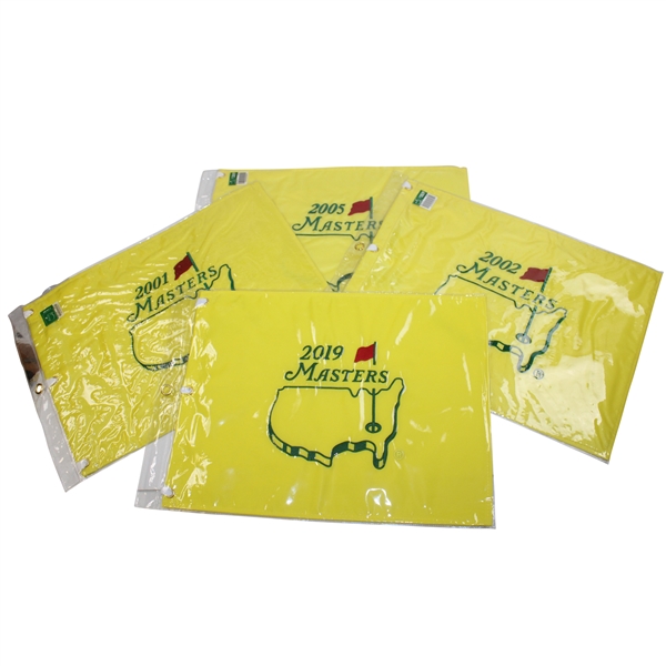 2001, 2002, 2005 & 2019 Masters Embroidered Flags in Original Sleeves - Tiger Woods Wins