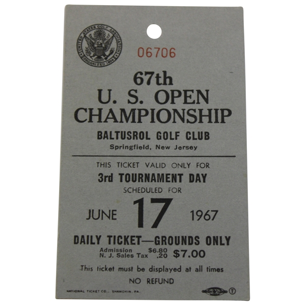 1967 US Open at Baltusrol 3rd Round Ticket
