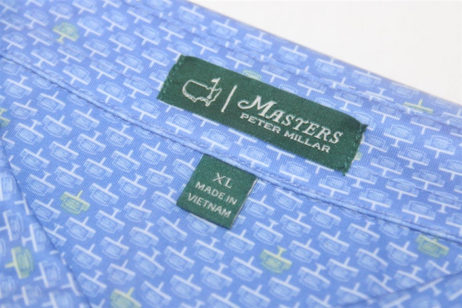 Masters Peter Millar Tech Blue Leaderboard Pattern Performance Golf Shirt Polo- XL