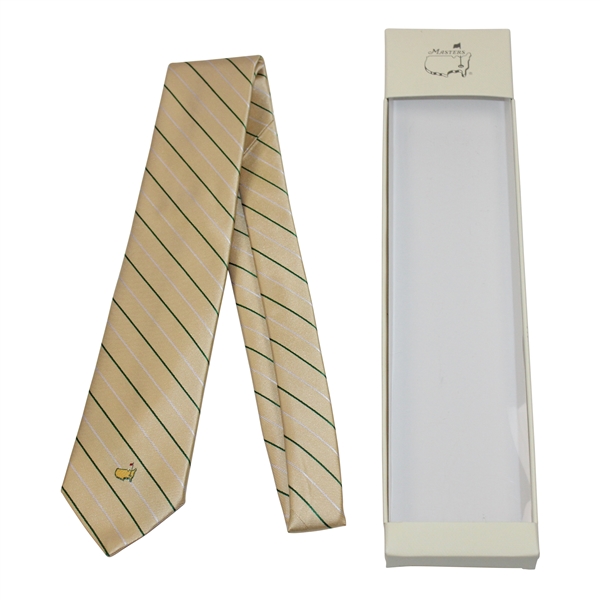 Masters Made in Italy Yellow Silk Necktie with Dark Green and White Thin Stripes