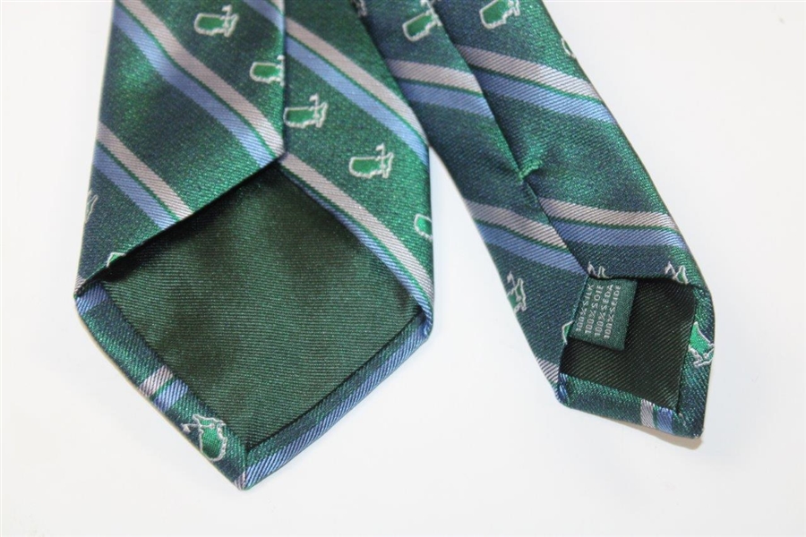 Masters Dark Green Silk Tie With Light Blue And Grey Stripes