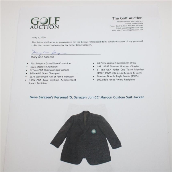 Gene Sarazen's Personal 'G. Sarazen Jun CC' Maroon Custom Suit Jacket