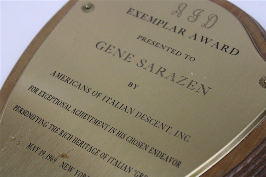 Gene Sarazen's Personal 1969 Americans of Italian Descent Exemplar Award Plaque