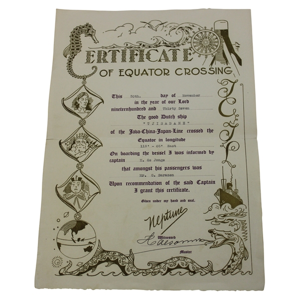 Gene Sarazen's 1937 Crossing Of The Equator Certificate Stamped 'Mr. G. Sarazen.'