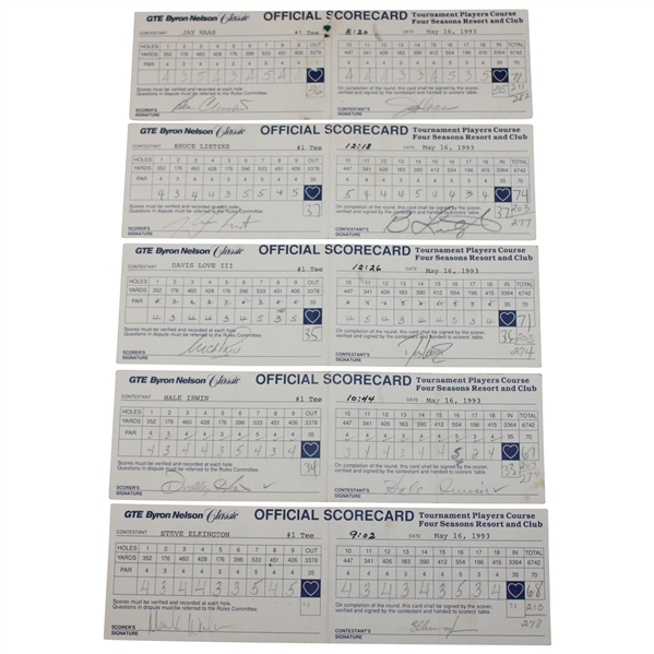 Crenshaw, Irwin, Love III & Seven Others Signed GTE Byron Nelson Classic Used Scorecards
