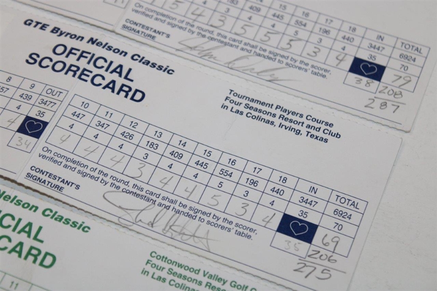 Watson, Mickelson, Mize & Seven Others Signed GTE Byron Nelson Classic Used Scorecards