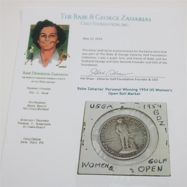 Babe Zaharias' Personal Winning 1954 US Women's Open Ball Marker