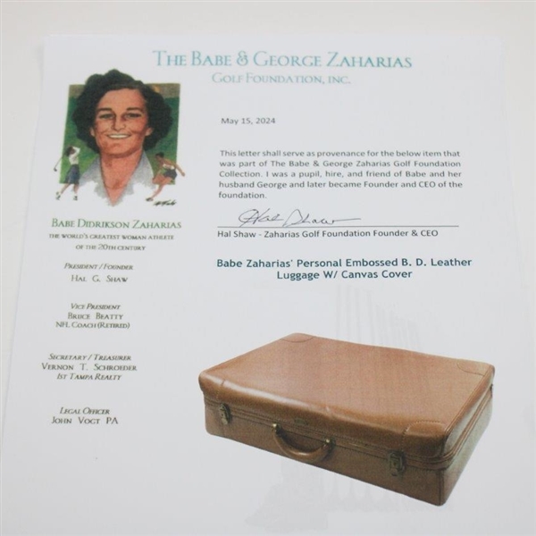 Babe Zaharias' Personal Embossed B. D. Leather Luggage W/ Canvas Cover