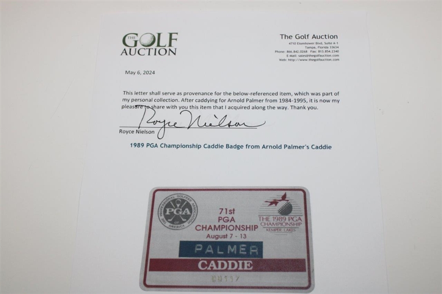 1989 PGA Championship Caddie Badge from Arnold Palmer's Caddie - Final PGA Champ. Cut Made
