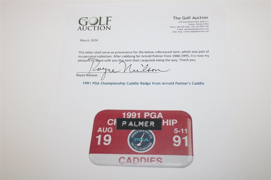 1991 PGA Championship Caddie Badge from Arnold Palmer's Caddie