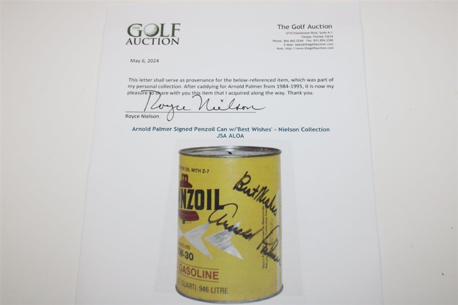 Arnold Palmer Signed Pennzoil Can w/'Best Wishes' - Nielson Collection JSA ALOA