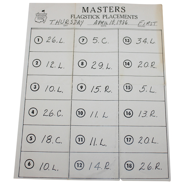 Arnold Palmer's 1986 Masters First Rd Pin Placement Sheet