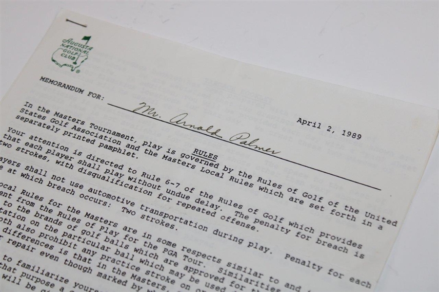 Arnold Palmer's 1989 Masters Tournament Memorandum Signed by Hord Hardin
