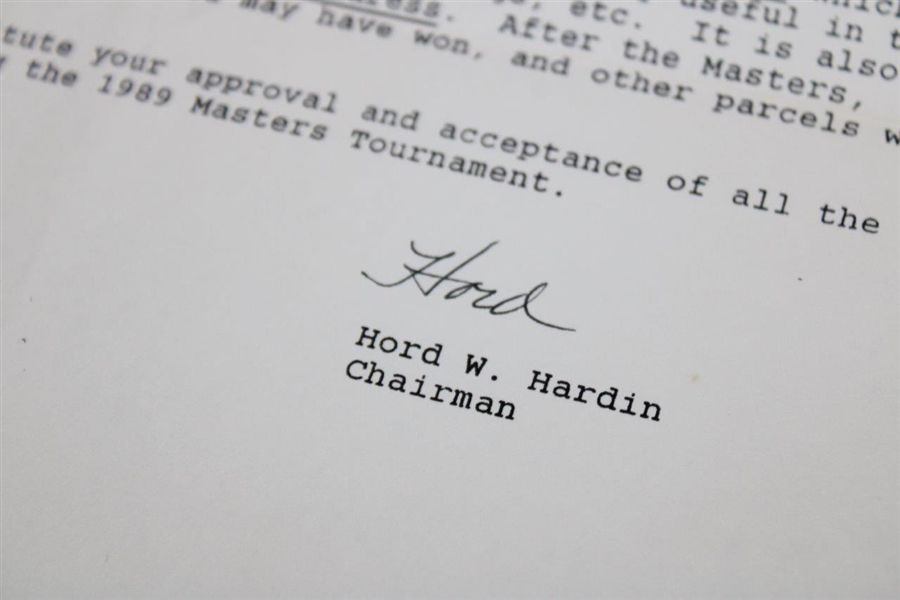 Arnold Palmer's 1989 Masters Tournament Memorandum Signed by Hord Hardin