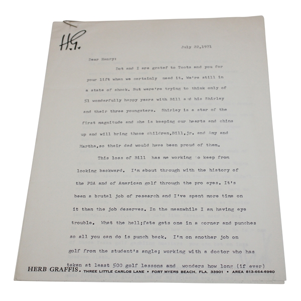 Herb Graffis  Signed 2 Page Typed 1971 Letter to Henry Cotton on Herb Graffis Stationary
