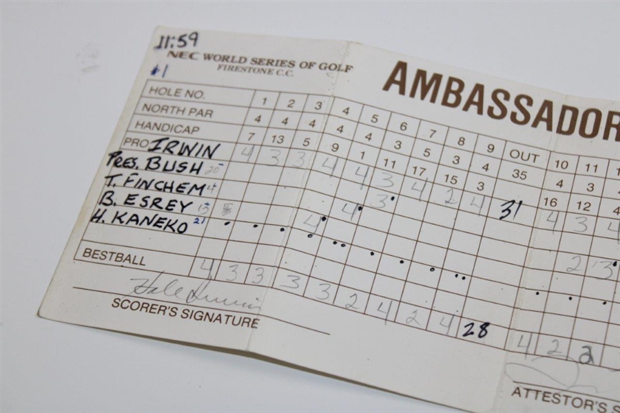 Hale Irwin Signed NEC World Series Of Golf Ambassador Club Scorecard Used By President Bush JSA ALOA