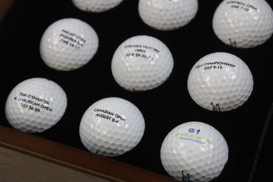 Eleven (11) Byron Nelson Commemorative Golf Balls w/Tournaments Won In 1945 & Byron Nelson Display Box
