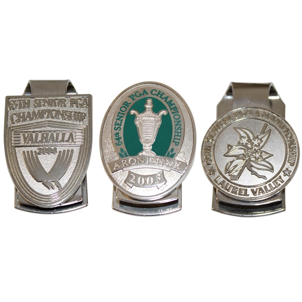 2003, 2004 & 2005 PGA Senior Championship Commemorative Badges/Clips - Aronimink-Valhalla-Laurel