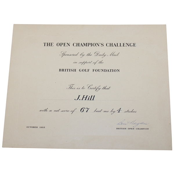 Ben Hogan Signed 1953 The Open Champions Challenge Certificate - October JSA ALOA 