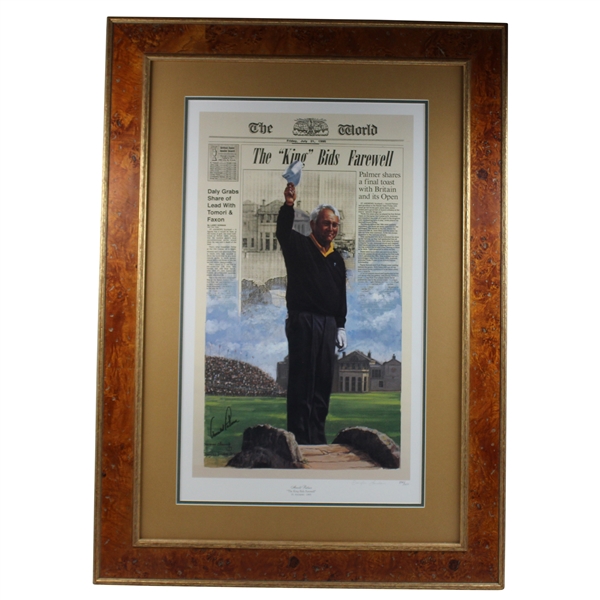1995 Arnold Palmer Signed The King Bids Farewell LTD ED #894/950 Newspaper Illustration -Framed JSA ALOA