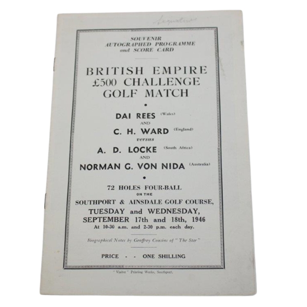 Rees, Ward, Locke & Von Nida Signed British Empire 500 Pound Challenge Golf Match Program JSA ALOA