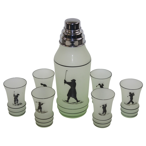 Vintage Glass Cocktail Shaker With 6 Glasses Featuring Golfers In Relief
