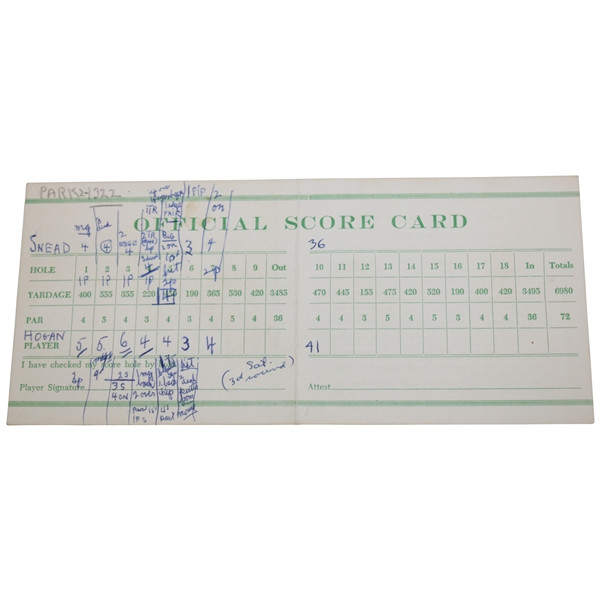 1959 Official Masters Scorecard Filled Out By Sports Writer Who Was Following Sam Snead & Ben Hogan