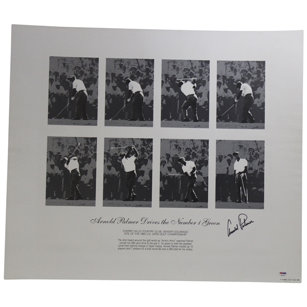 Arnold Palmer Signed Arnold Palmer Drives The Number 1 Green 1960 US Open Print PSA LOA #Z02693