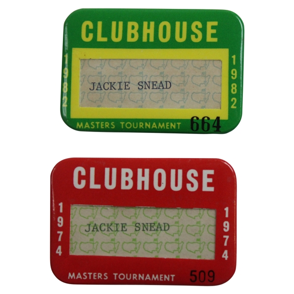 1974 & 1982 Masters Tournament Clubhouse Badges - Snead Family Collection