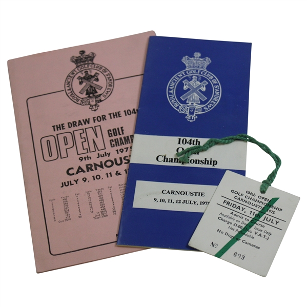 1975 Open Championship at Carnoustie Friday Badge #693 w/Draw Sheet & Booklet - Watson Winner