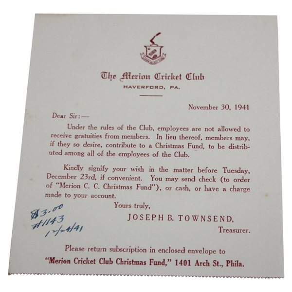 1941 Letter From The Merion Cricket Club About Employee Christmas Fund