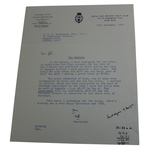 Typed Letter On R & A Stationary From Secretary K.R.T Mackenzie Showing The Costs Of Houses Rented At Augusta