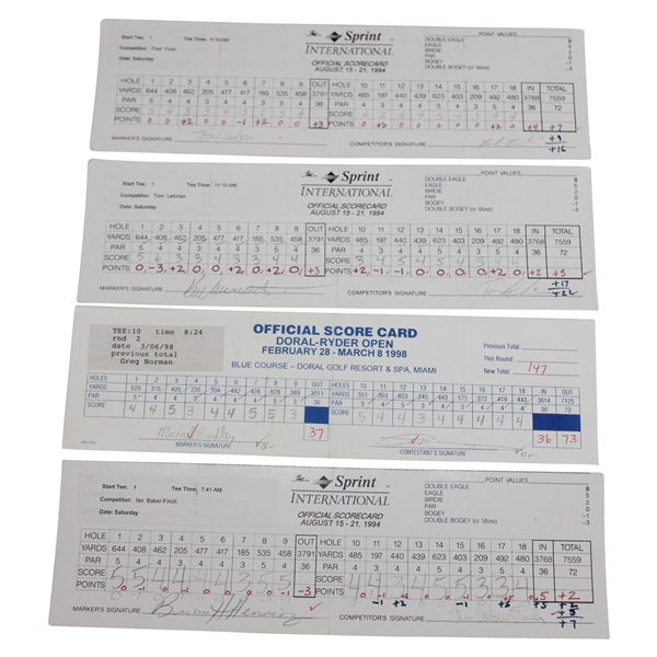 Watson, Baker-Finch, Lehman & Five (5) others Signed 1994 Sprint & 1998 Doral Open Official Scorecards
