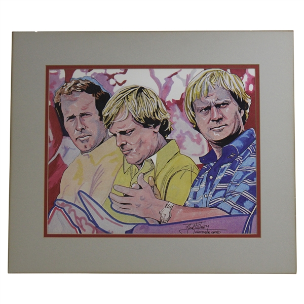 1975 Masters Jack Nicklaus, Johnny Miller & Tom Weiskopf Trophy Ceremony Print by Neal Portnoy - Matted