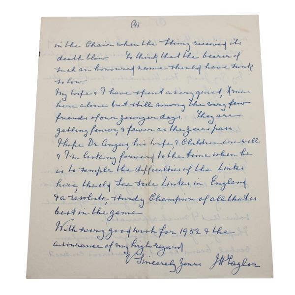 JH Taylor Signed Handwritten 1952 Letter JSA ALOA