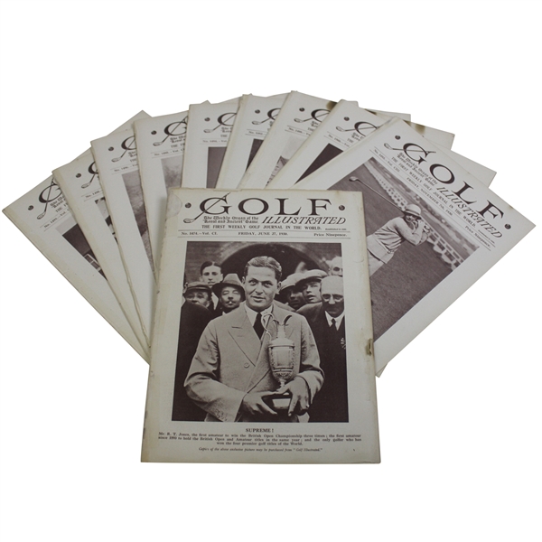 Ten (10) 1930 Golf Illustrated UK Issues – Bobby Jones with Claret Jug Cover (Grand Slam)